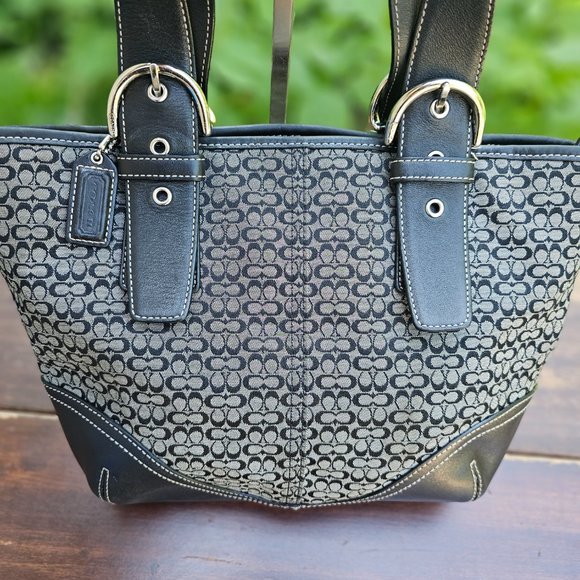 Coach Signature Shoulder Tote Bag Handbag Black and Tan Leather/canvas - Picture 10 of 15